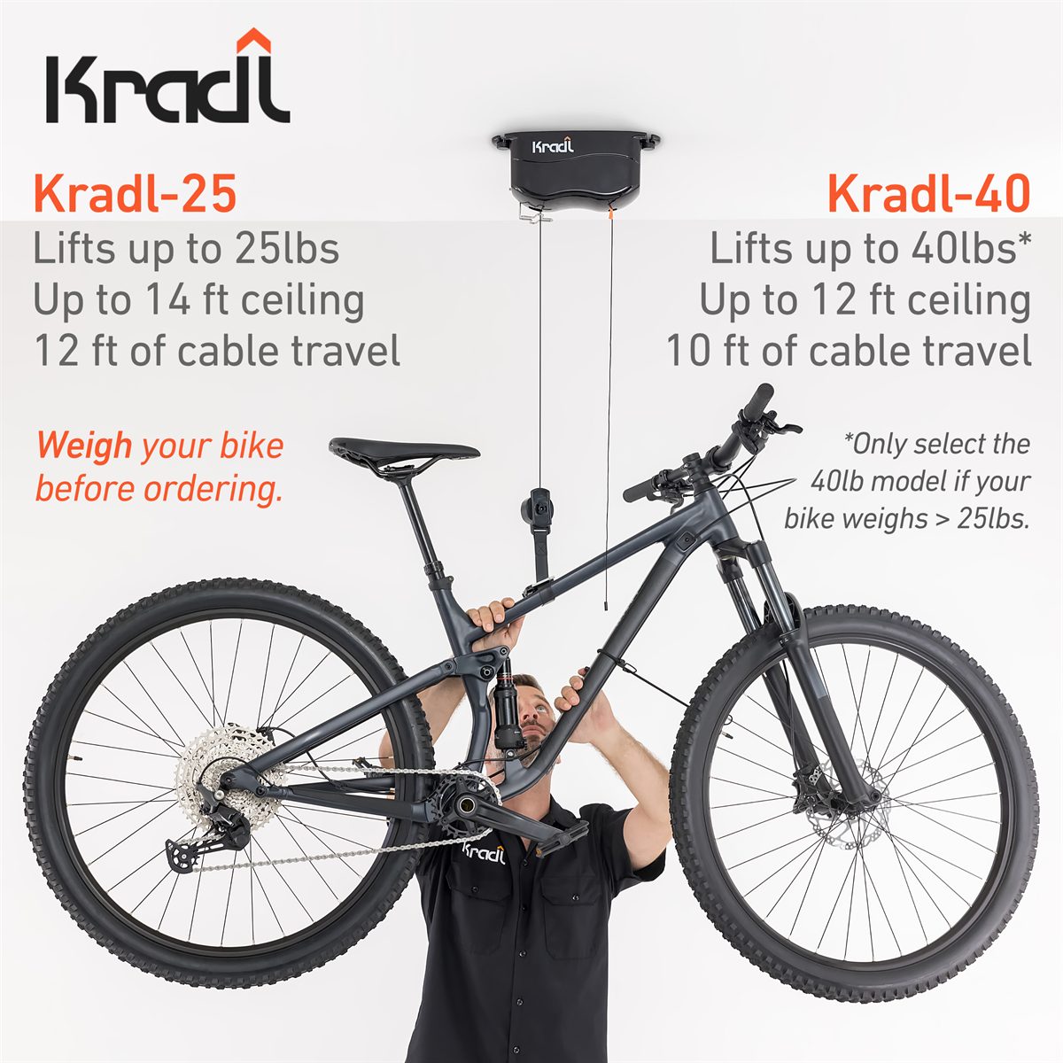 Mountain bike hoisted by Kradl and model comparison stats.