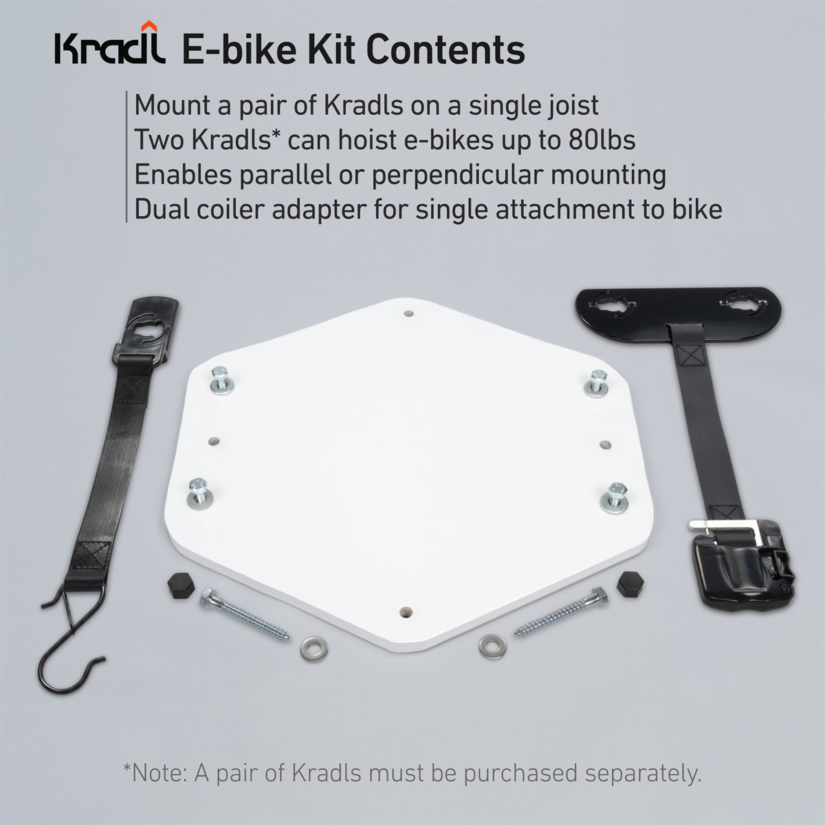 Kradl E-bike Kit components laid out on a light gray background, including a white hexagonal mounting plate, black straps, hardware, and text describing how to mount two Kradls to hoist e-bikes up to 80lbs.