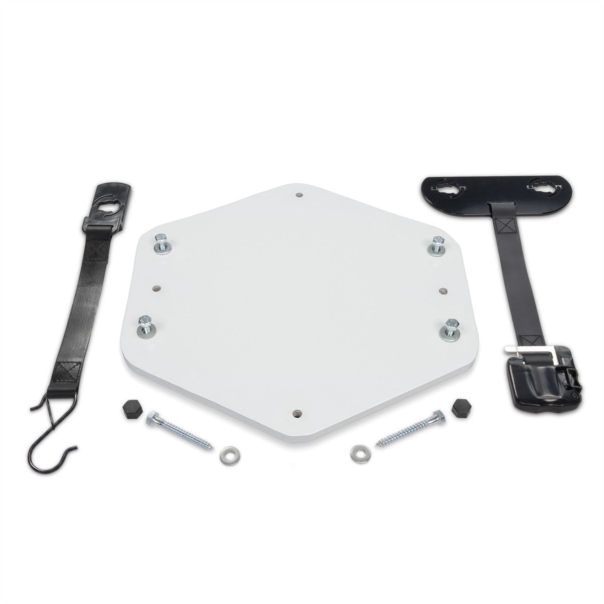 Kradl E-bike Kit components laid out on a white background, including a white hexagonal mounting plate, black straps, and hardware.