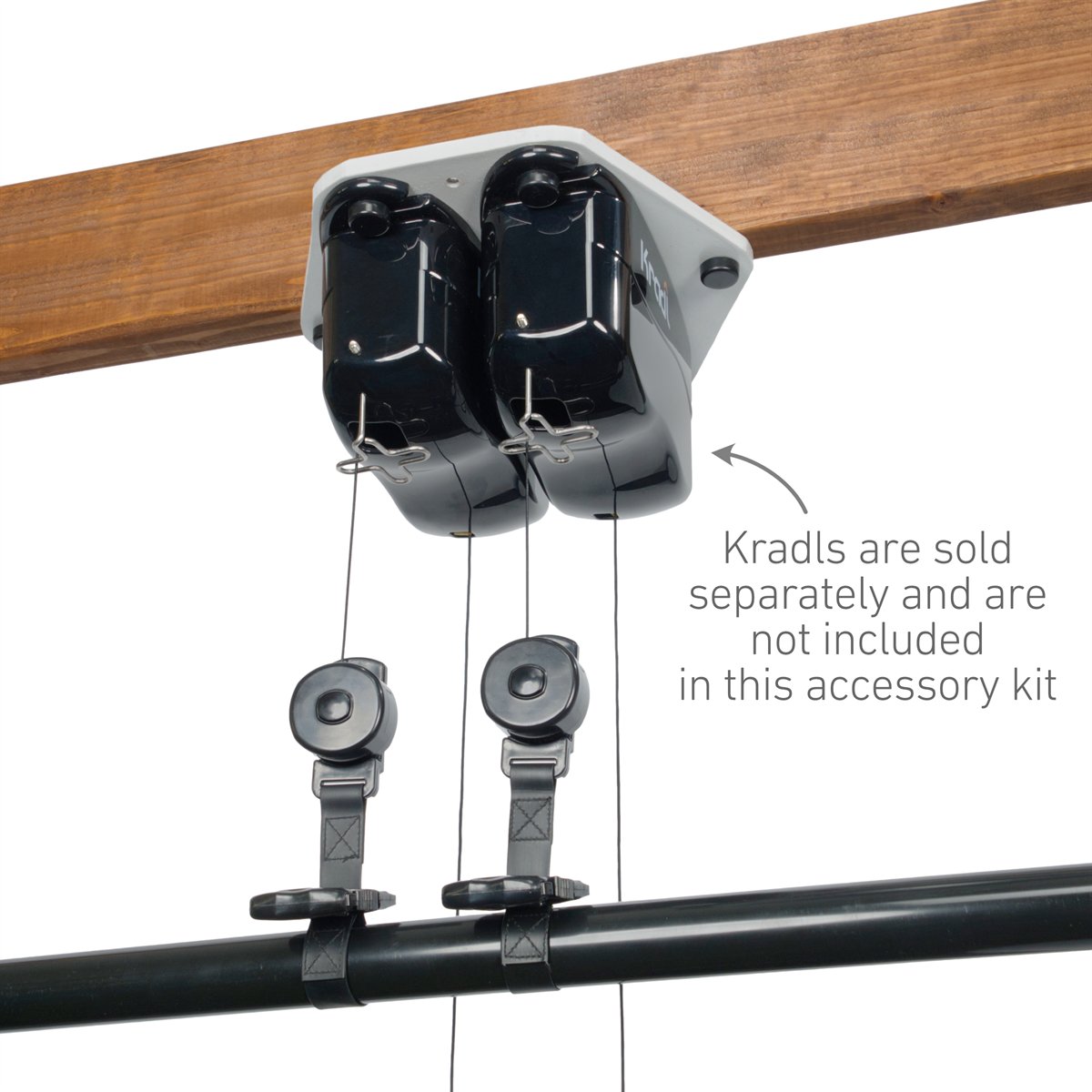 Two Kradls mounted with the ebike kit in the position to hold the bike parallel to the ceiling joist.