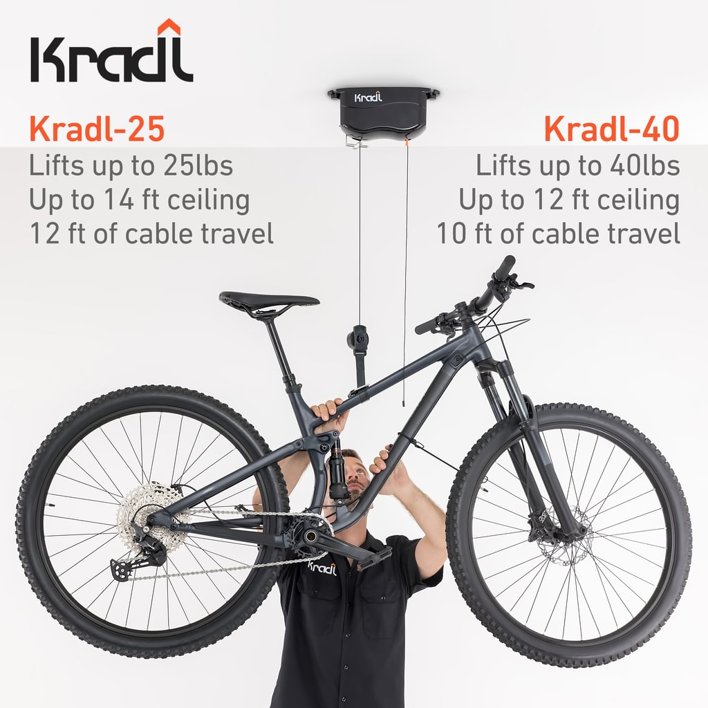Mountain bike hoisted by Kradl and model comparison stats.